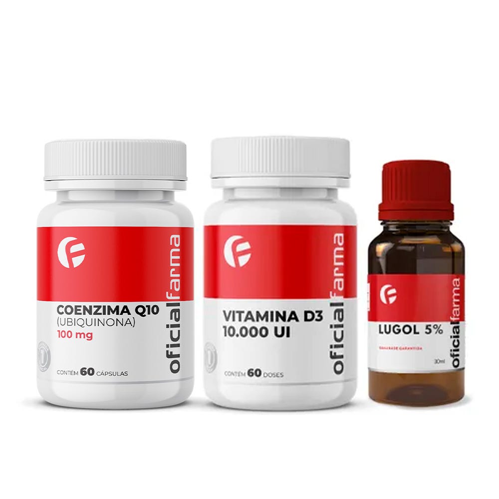Vitamina D3 10.000UI 60 Doses + Lugol 5% Iodo 30mL + Coenzima Q10 100mg 60 C&aacute;psulas